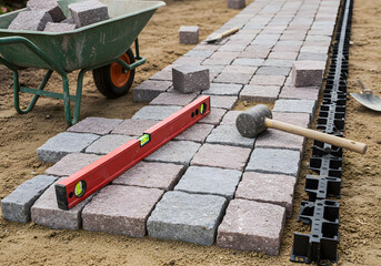 A construction site with paving stones, a wheelbarrow, a level, and a mallet, showcasing the process of creating a paved pathway or patio