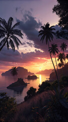 Obraz premium A breathtaking tropical sunset paints the sky with vibrant hues of orange, pink, and purple over a serene ocean, silhouetting palm trees and lush islands.