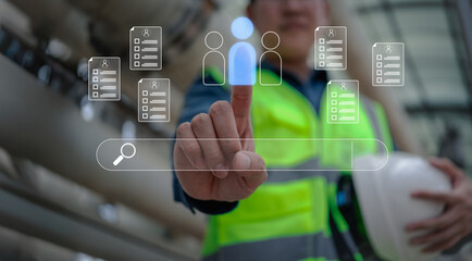 Engineer selecting candidate profile through a digital interface with resume icons, representing smart recruitment, HR technology, and AI-driven hiring in industrial environments.