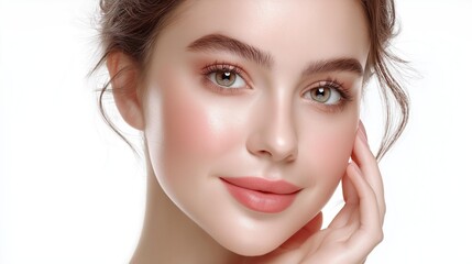 A young woman showcases natural beauty with soft makeup and a gentle smile, embodying confidence and grace.