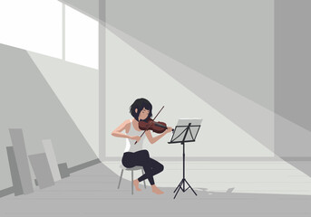 Violin performance by a musician in an urban digital minimalistic environment soft lighting