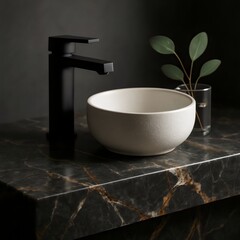 Modern Bathroom Sink with Black Faucet and Marble Counter