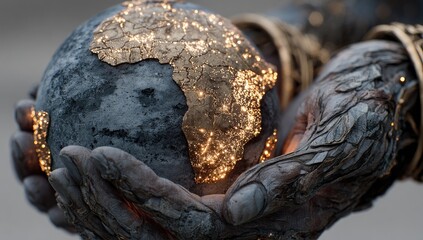 Weathered hands, adorned with gold, gently cradle a miniature, textured Earth.  Africa is highlighted with glowing embers, suggesting interconnectedness and fragility