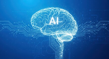 Artificial intelligence is represented by a digital brain of glowing blue particle light.