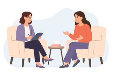 Fototapeta premium Psychology therapy counseling. Psychologist talking with patient. Woman with stress, depression or mental problem.Vector illustration