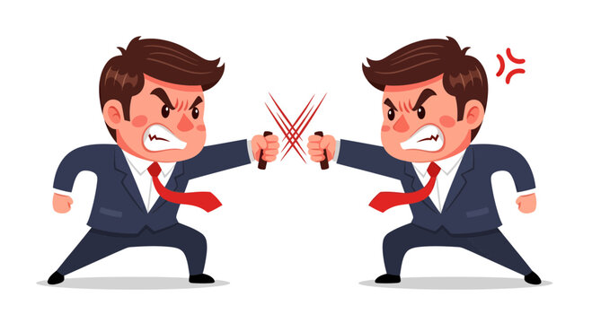 Animated business rivals facing off in a tense confrontation displaying competitive corporate