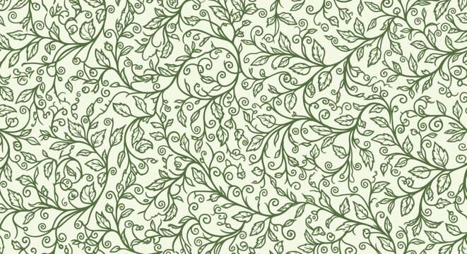 Green leafy vines form dense, ornate pattern on a light background