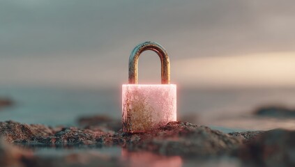 Weathered pink padlock glowing faintly, rests on dark rocks near water's edge, under a muted sunset sky