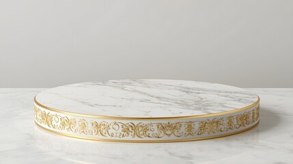 Elegant White Marble Podium with Intricately Designed Golden Accents for Luxury Product Display and Modern Interior Decoration