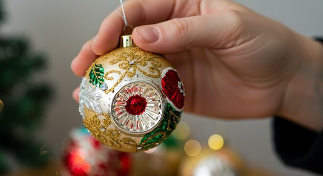 Hand holding a decorative golden Christmas ornament with intricate red and green patterns