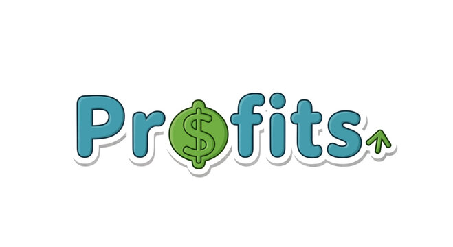 Cartoonish profits emblem with upward arrow indicating financial growth and prosperity