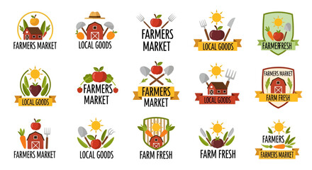 Collection of creative farm market and local produce logo designs for branding and advertising