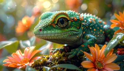 Colorful lizard among vibrant flowers
