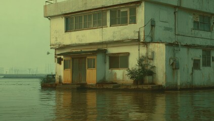 Weathered, two-story house on stilts partially submerged in murky water, near an industrial skyline under a hazy sky.  A small plant sits near the entrance
