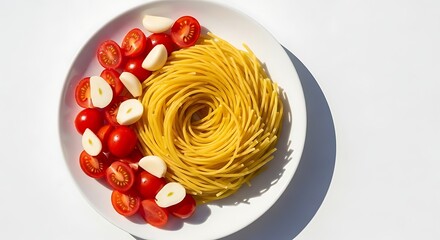 Uncooked angel hair pasta nest with fresh cherry tomatoes and garlic cloves on a white plate.