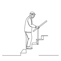 Elderly man using cane while climbing stairs in simple line art  