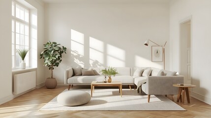 Minimalist Scandinavian Living Room with Neutral Color Palette, Modern Furniture, and Elegant Cozy Interior Design