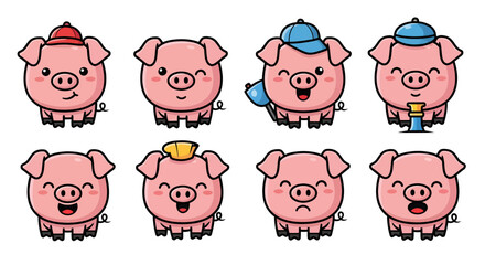 Illustrations of cheerful cartoon pigs with different emotions and accessories, evoking happiness