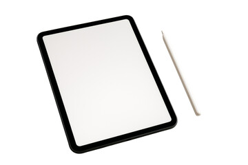 Black digital tablet with blank screen and white stylus pen, isolated style on white background, concept of clean technology layout. Ai generative