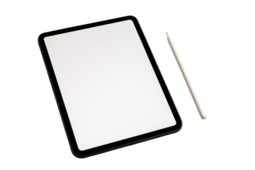 Black digital tablet with blank screen and white stylus pen, isolated style on white background, concept of clean technology layout. Ai generative