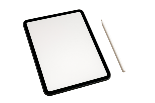 Black digital tablet with blank screen and white stylus pen, isolated style on white background, concept of clean technology layout. Ai generative