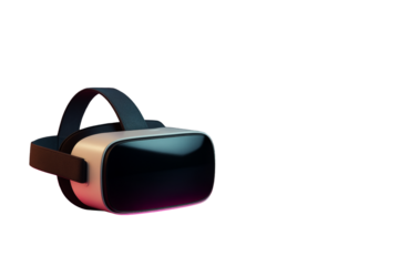 Futuristic virtual reality headset with black visor and strap, closeup technology element on white background, concept of immersive experience. Ai generative
