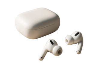 Modern wireless earbuds and charging case isolated on white background, clean closeup layout for technology template or product collage. Ai generative