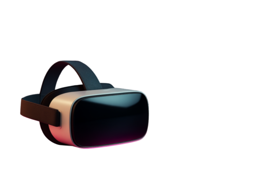 Futuristic virtual reality headset with black visor and strap, closeup technology element on white background, concept of immersive experience. Ai generative