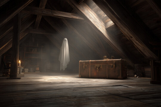 Ghostly figure haunting an old attic with wooden beams and suitcase