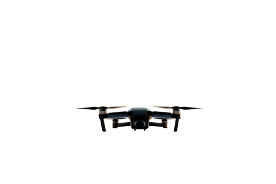 Front view of a black drone with propellers flying, isolated on white background, closeup layout showing clean technology concept. Ai generative