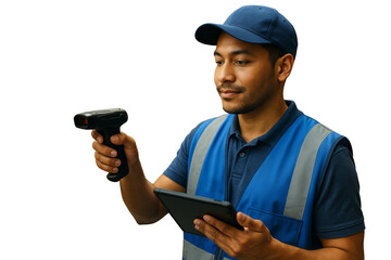 Delivery worker in blue vest using barcode scanner and holding tablet, closeup on white background, concept of logistics technology. Ai generative
