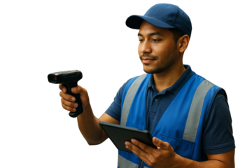 Delivery worker in blue vest using barcode scanner and holding tablet, closeup on white background, concept of logistics technology. Ai generative