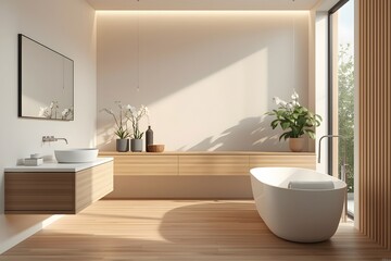 Modern Minimalist Bathroom Interior with Soft Pastel Tones, Sleek Fixtures, and Elegant Contemporary Home Design