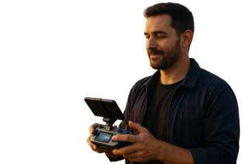 Man using drone controller, closeup technology concept, clean isolated style on white background, modern design for tech element layout. Ai generative