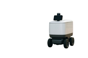 Futuristic delivery robot with wheels and sensor camera, isolated on clean white background, concept of smart logistics technology. Ai generative