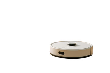 Smart robotic vacuum cleaner isolated on white background, minimal clean closeup style, showcasing modern home technology concept. Ai generative