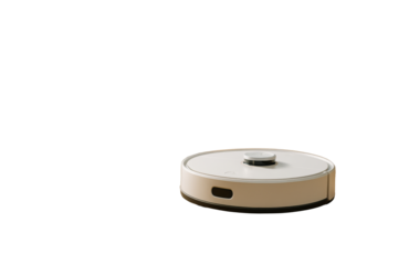 Smart robotic vacuum cleaner isolated on white background, minimal clean closeup style, showcasing modern home technology concept. Ai generative