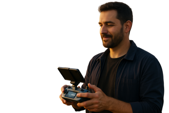 Man using drone controller, closeup technology concept, clean isolated style on white background, modern design for tech element layout. Ai generative - Powered by Adobe
