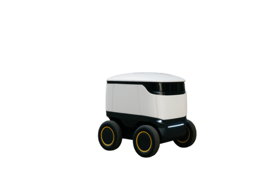 Futuristic autonomous delivery robot with wheels, clean technology style, isolated on white background. Concept of smart transport. Ai generative
