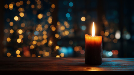 Burning candle on a wooden table with warm golden bokeh lights in the background creating a cozy and romantic atmosphere