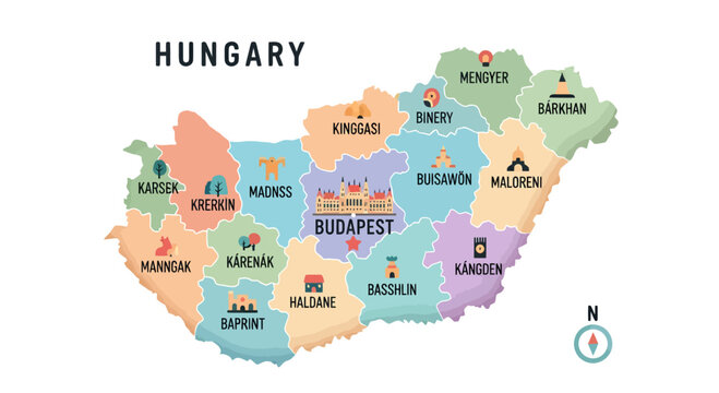 Stylized Hungary administrative regions map with landmarks and playful color palette illustration