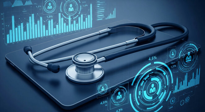 Futuristic Stethoscope and Digital Health Data Analytics Dashboard on Tablet for Advanced Healthcare Technology
