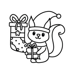 Christmas animal coloring page, Animal coloring page, winter animal coloring pages, black and white illustration, Animal Christmas line art