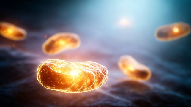 	
Cellular-level artistic rendering of mitochondria glowing with healing energy powering regeneration within human tissue, symbolizing Vitality, Energy Recovery, and the power source of the human body