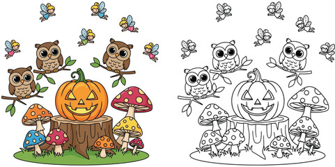 Cute Halloween Owls, Fairies, and Pumpkin on a Tree Stump with Mushrooms - Festive Autumn Woodland Scene