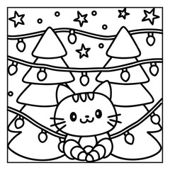 Christmas animal coloring page, Animal coloring page, winter animal coloring pages, black and white illustration, Animal Christmas line art