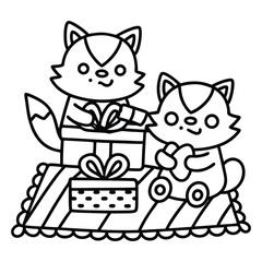 Christmas animal coloring page, Animal coloring page, winter animal coloring pages, black and white illustration, Animal Christmas line art