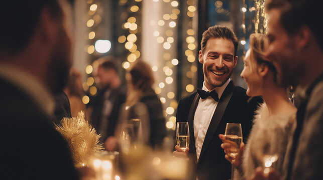 Elegant New Year's Eve party, people dressed in modern formal fashion, gold and silver decorations, champagne glasses