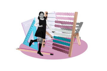 Composite photo collage of dissatisfied schoolgirl stand abacus count calculator school supplies education isolated on painted background