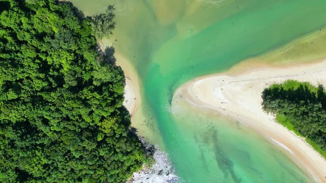 Aerial top down view on the north tip of Layan and Bang Tao Beach in Phuket, Thailand.
